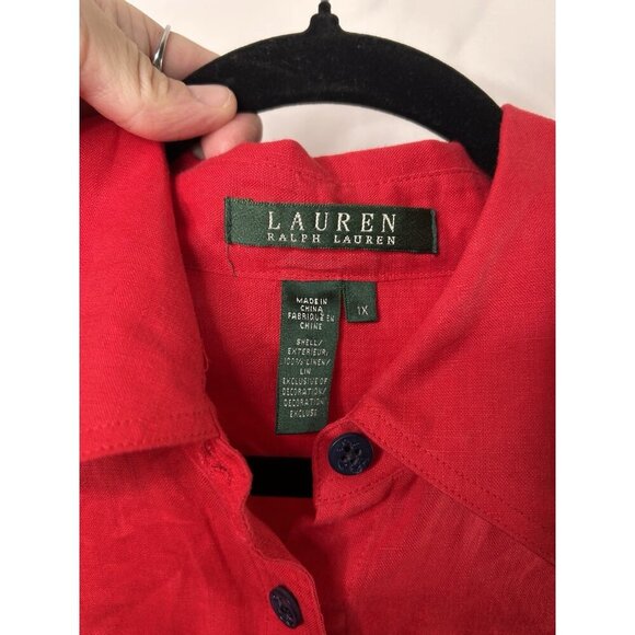 Lauren Ralph Lauren Shirt Women Red Pure 100% Linen Anchor Plus Size 1X - Picture 9 of 9